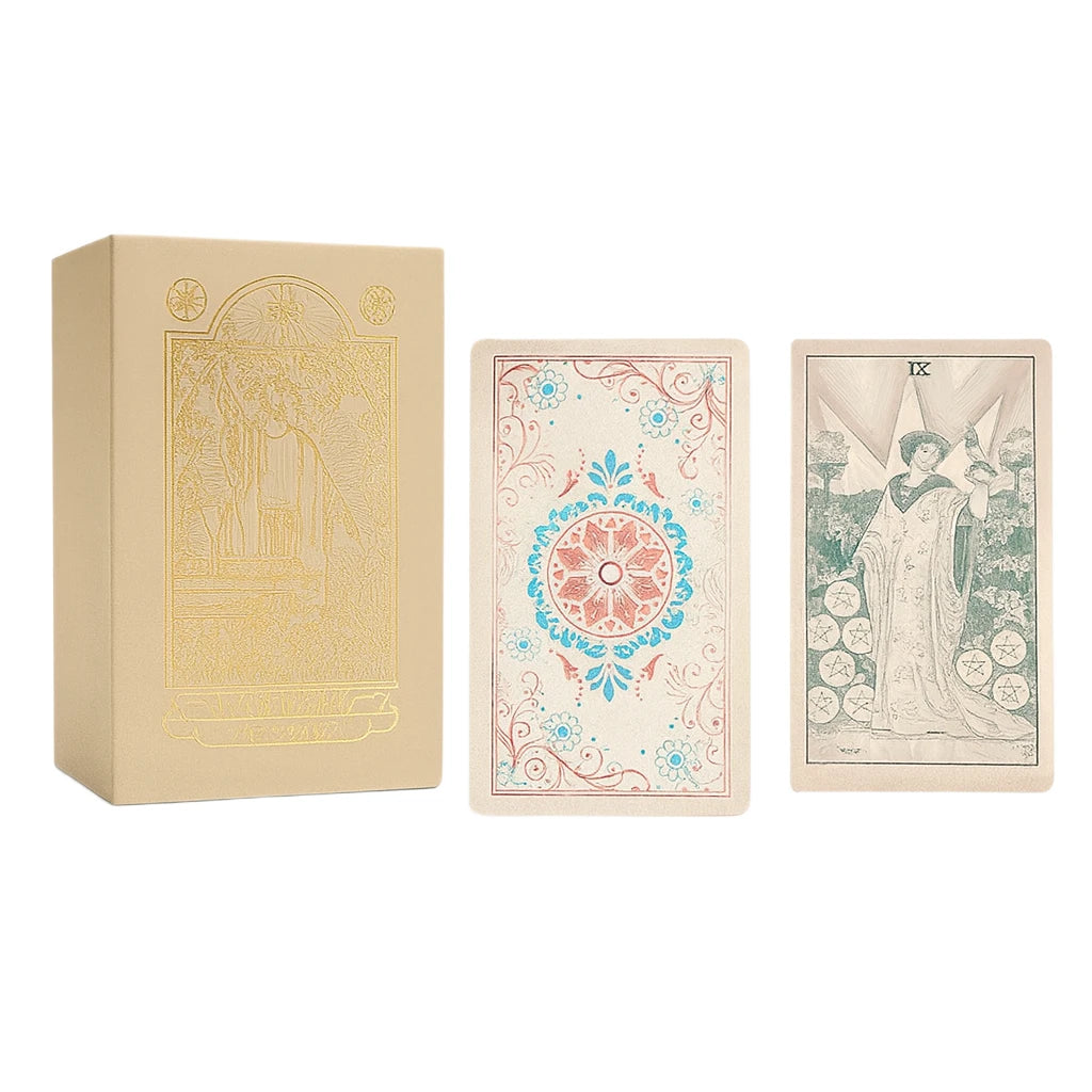 Beige card box with two tarot cards featuring intricate designs on a white background
