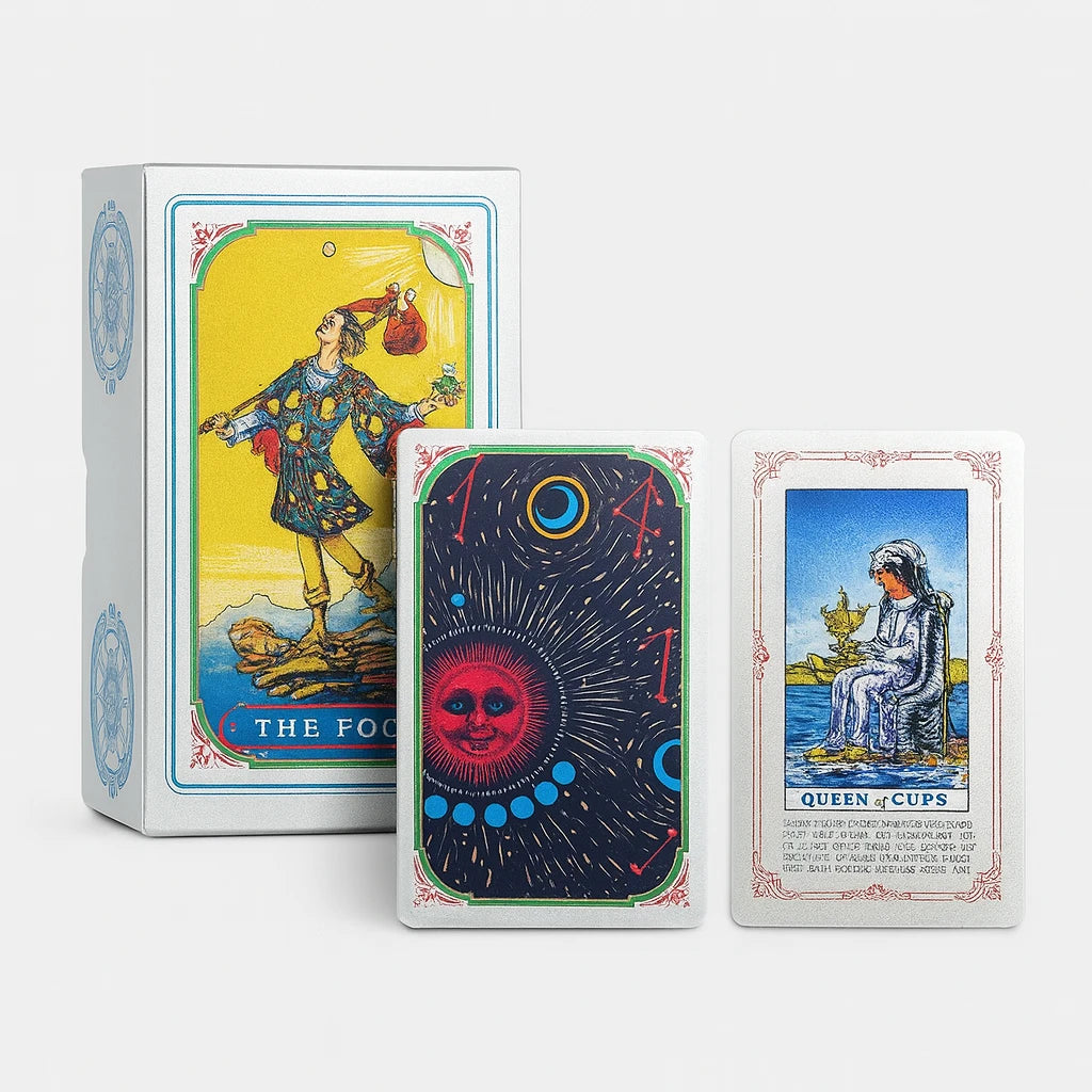 Three white bordered tarot cards displayed with a white background