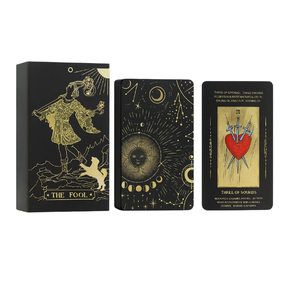 Three dark tarot cards with decorative designs and text on a white background