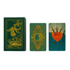 Three green tarot cards with intricate designs on a white background