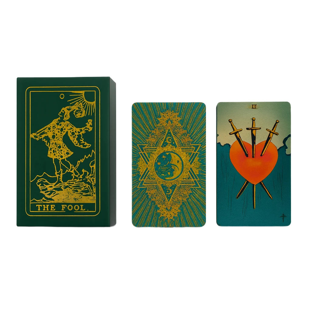 Three green tarot cards with intricate designs on a white background